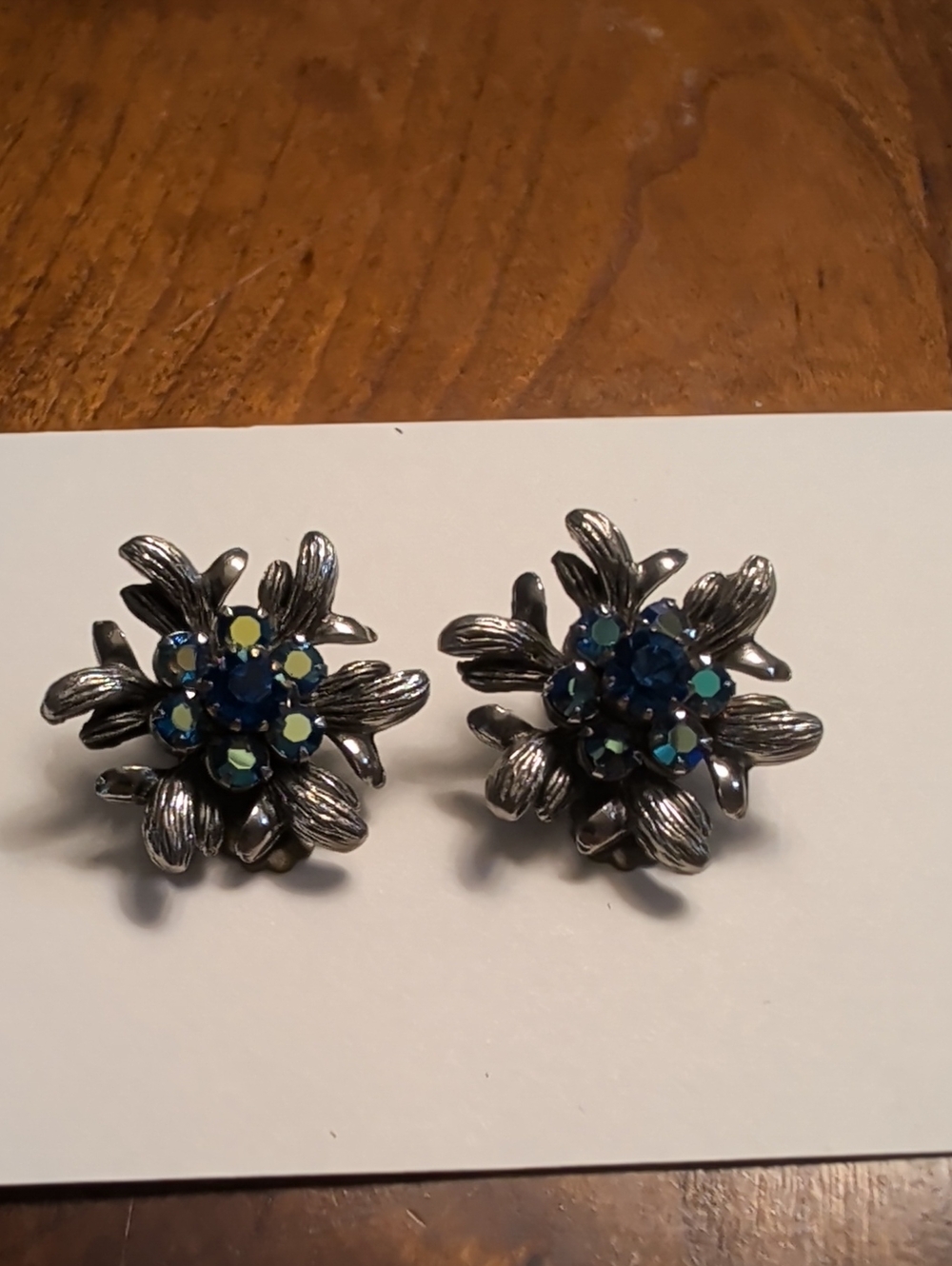 Crystal Earrings Vintage Silvertone Blue Floral Clasp